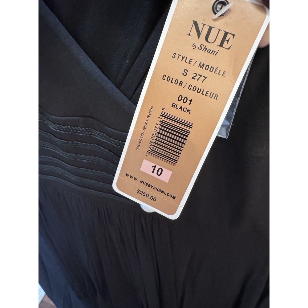 NUE by Shani Dress Black Ruched 3/4 Sleeves Buttons Pleating Crossover Size 10 - Picture 2 of 5